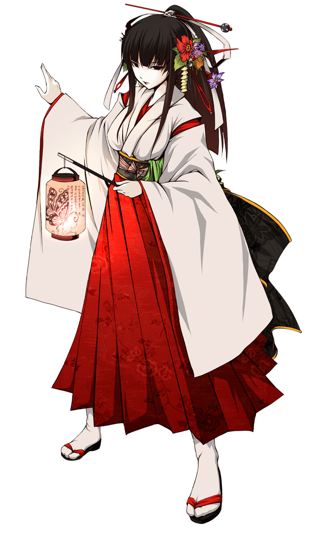 black_hair, flower, futami_kito, hair_flower, hair_ornament, japanese_clothes, lantern, long_hair