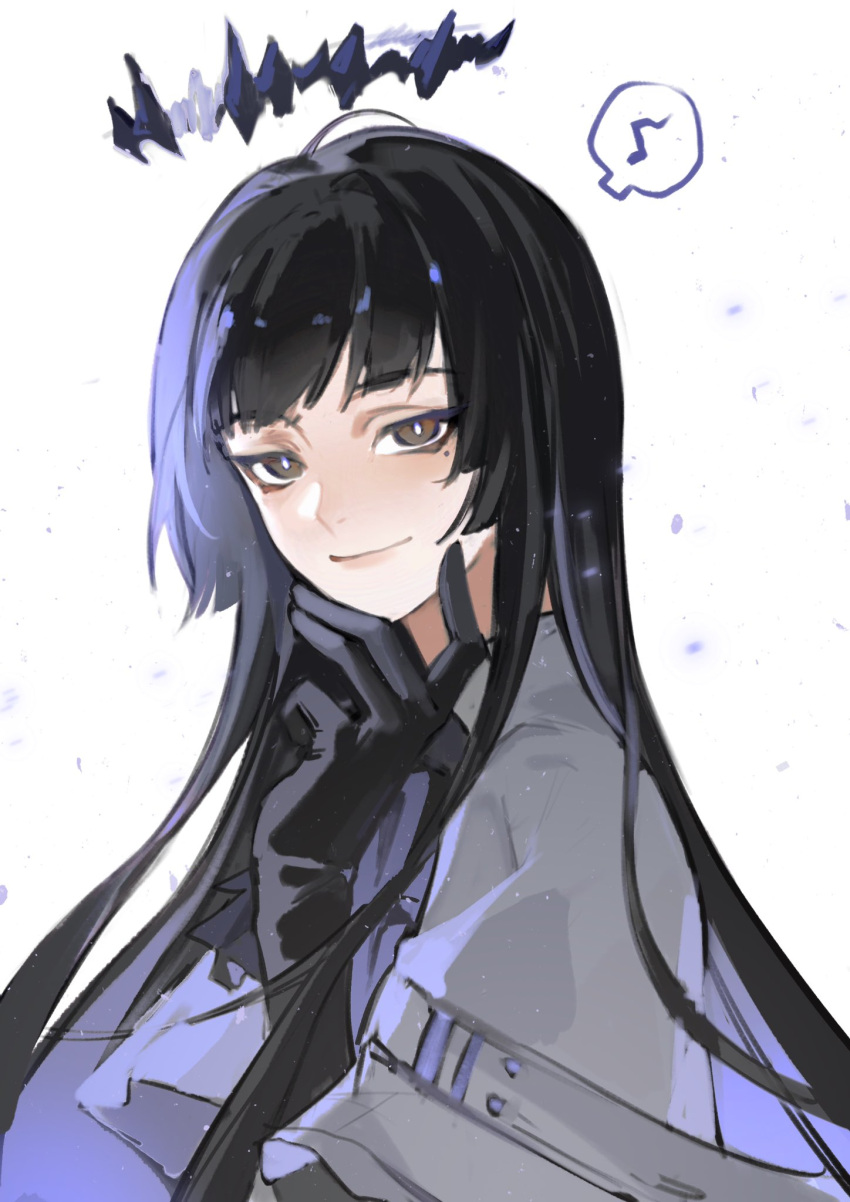 1girl, ahoge, arknights, ascot, belt, black_ascot, black_eyes, black_gloves