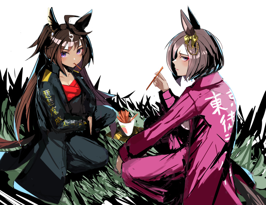 2girls, absurdres, ahoge, air_groove_(umamusume), alternate_costume, black_jacket, black_pants, bow