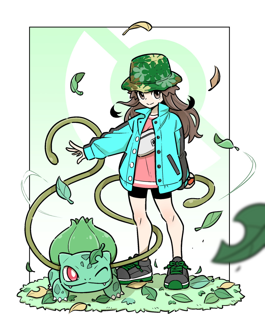 1girl, absurdres, bike_shorts, brown_eyes, brown_hair, bulbasaur, fang, full_body, green_headwear, green_jacket, highres, holding, holding_poke_ball, jacket, leaf, leaf_(pokemon), leaf_(sygna_suit)_(pokemon), lywslanket, official_alternate_costume, one_eye_closed, poke_ball, poke_ball_(basic), pokemon, pokemon_(game), pokemon_masters_ex, red_eyes, smile, vine_whip