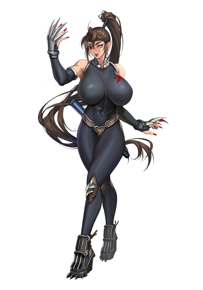 1girl, 2v_(joyeong), bodysuit, breasts, brown_hair, claw_(weapon), full_body, heterochromia