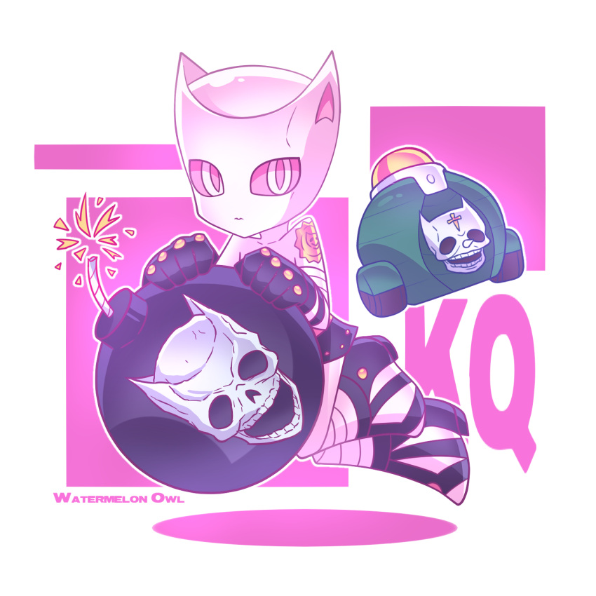<|>_<|>, artist_name, bomb, caterpillar_tracks, chibi, colored_sclera, commentary, diamond_wa_kudakenai, english_commentary, explosive, floating, fuse, gloves, highres, initial, jojo_no_kimyou_na_bouken, killer_queen, lit_fuse, looking_at_viewer, no_humans, pink_eyes, pink_sclera, purple_gloves, sheer_heart_attack, simple_background, skull, stand_(jojo), watermelonowl, white_background