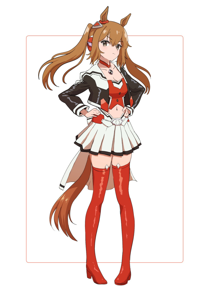 1girl, animal_ears, blush, boots, breasts, brown_eyes, brown_hair, closed_mouth