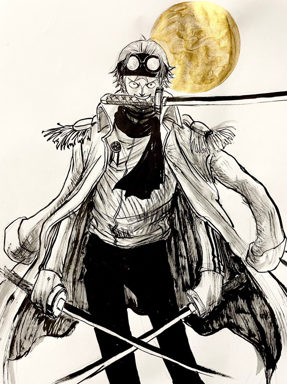 1boy, alternate_weapon, brushbox2022, coat, crossed_swords, epaulettes, feet_out_of_frame, frown, glasses, graphite_(medium), greyscale, headband, highres, holding, holding_sword, holding_weapon, koby_(one_piece), male_focus, monochrome, mouth_hold, one_piece, pink_hair, sanpaku, scarf, serious, short_hair, solo, sword, traditional_media, triple_wielding, weapon