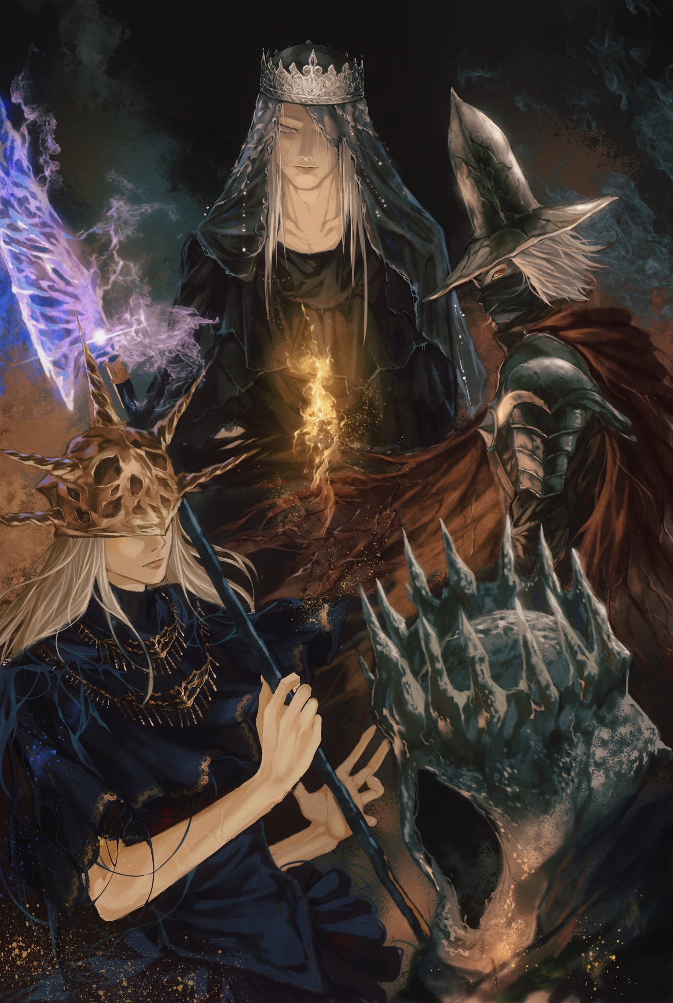 4boys, abyss_watcher, aldrich_devourer_of_gods, black_dress, cape, closed_mouth, covered_eyes, crown