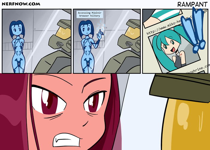 1boy, 2girls, comic, cortana, halo_(game), hatsune_miku, josue_pereira, master_chief