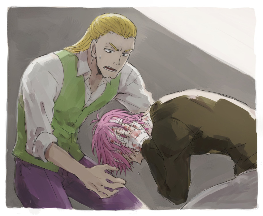 2boys, bandaged_hand, bandaged_head, bandages, blonde_hair, covering_own_ears, crying, feet_out_of_frame
