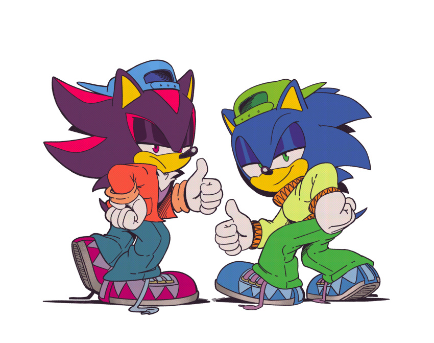 2boys, animal_ears, animal_nose, backwards_hat, blue_footwear, blue_headwear, closed_mouth, commentary, commission, cosplay, english_commentary, frown, full_body, furry, furry_male, garfield, garfield_(character), garfield_(character)_(cosplay), gloves, green_eyes, green_headwear, green_pants, half-closed_eyes, hat, highres, jacket, long_sleeves, looking_at_viewer, male_focus, multiple_boys, odie_(garfield), odie_(garfield)_(cosplay), orange_jacket, pants, project-sonadow, red_eyes, shadow_the_hedgehog, shoelaces, shoes, simple_background, smile, sonic_(series), sonic_the_hedgehog, standing, tail, thumbs_up, white_background, white_gloves