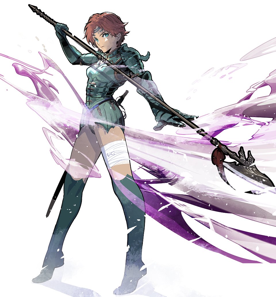 1girl, aelia, armor, boobplate, breastplate, breasts, closed_mouth, cofffee, full_body, gloves, green_eyes, holding, looking_at_viewer, medium_breasts, polearm, redhead, short_hair, solo, spear, tiara, valkyrie_profile_(series), weapon, white_background