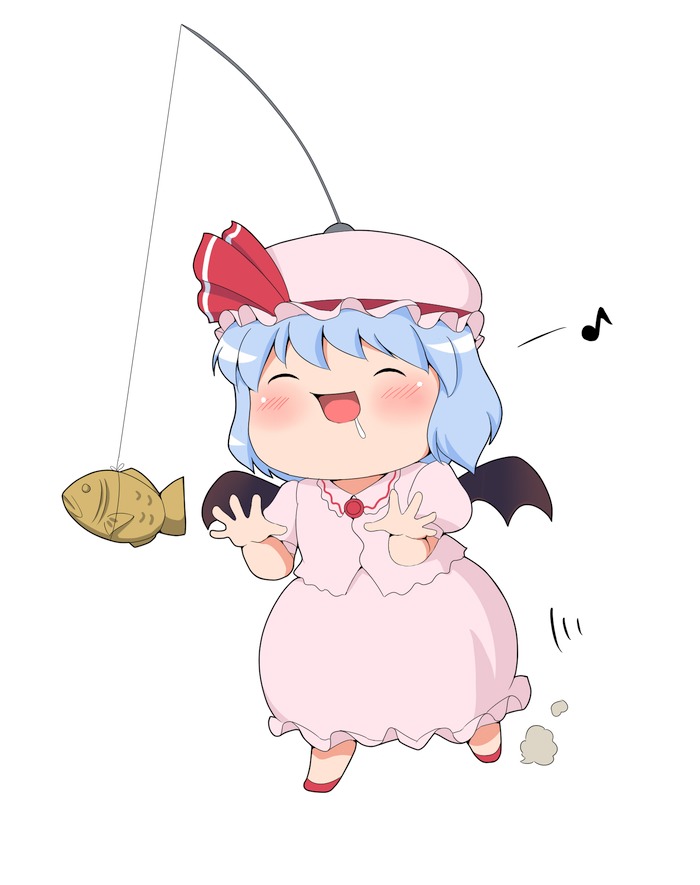 bat_wings, blue_hair, drooling, food, hat, kyokutou_hentai_samurai, musical_note, remilia_scarlet