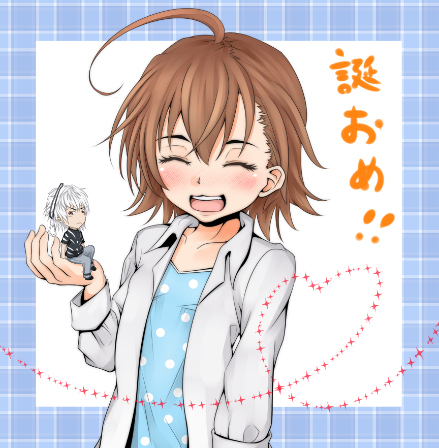 1boy, 1girl, :3, accelerator_(toaru_majutsu_no_index), ahoge, albino, alternate_eyebrows, bare_arms