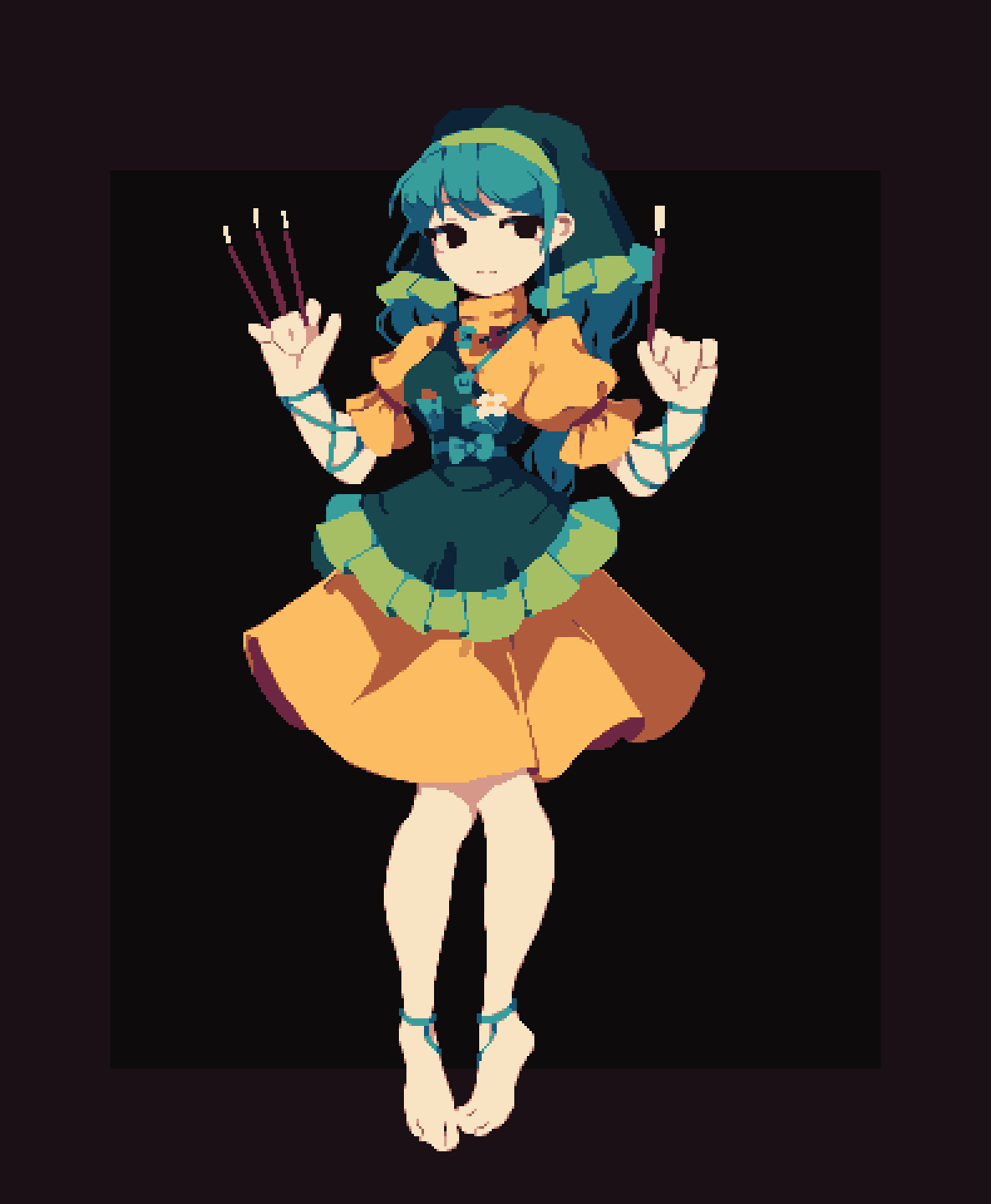 1girl, 4qw5, apron, barefoot, black_background, black_eyes, blue_hair, breast_pocket, breasts, corsage, dress, expressionless, flower, flower_in_pocket, food, frilled_apron, frilled_headwear, frilled_sleeves, frills, green_apron, green_headwear, green_ribbon, haniyasushin_keiki, highres, holding, holding_paintbrush, jewelry, long_hair, magatama, magatama_necklace, medium_breasts, necklace, orange_dress, paintbrush, pixel_art, pocket, puffy_short_sleeves, puffy_sleeves, ribbon, short_sleeves, simple_background, touhou, turtleneck, turtleneck_dress, waist_ribbon, white_flower, wristband