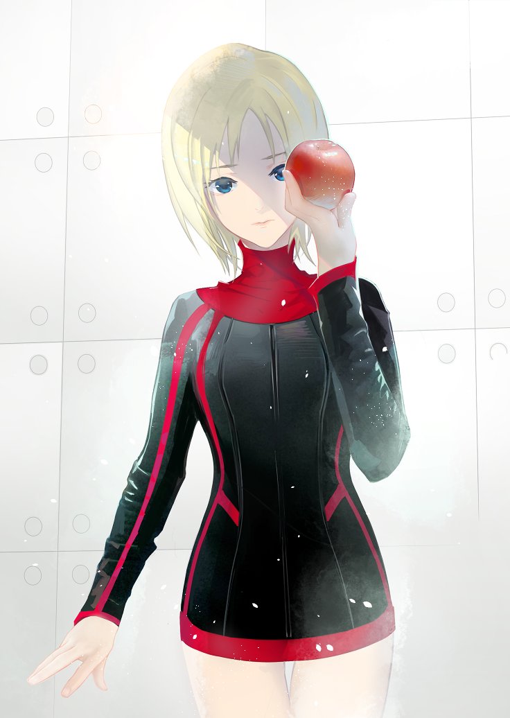 1girl, apple, blonde_hair, blue_eyes, closed_mouth, cofffee, dress, eve_brea