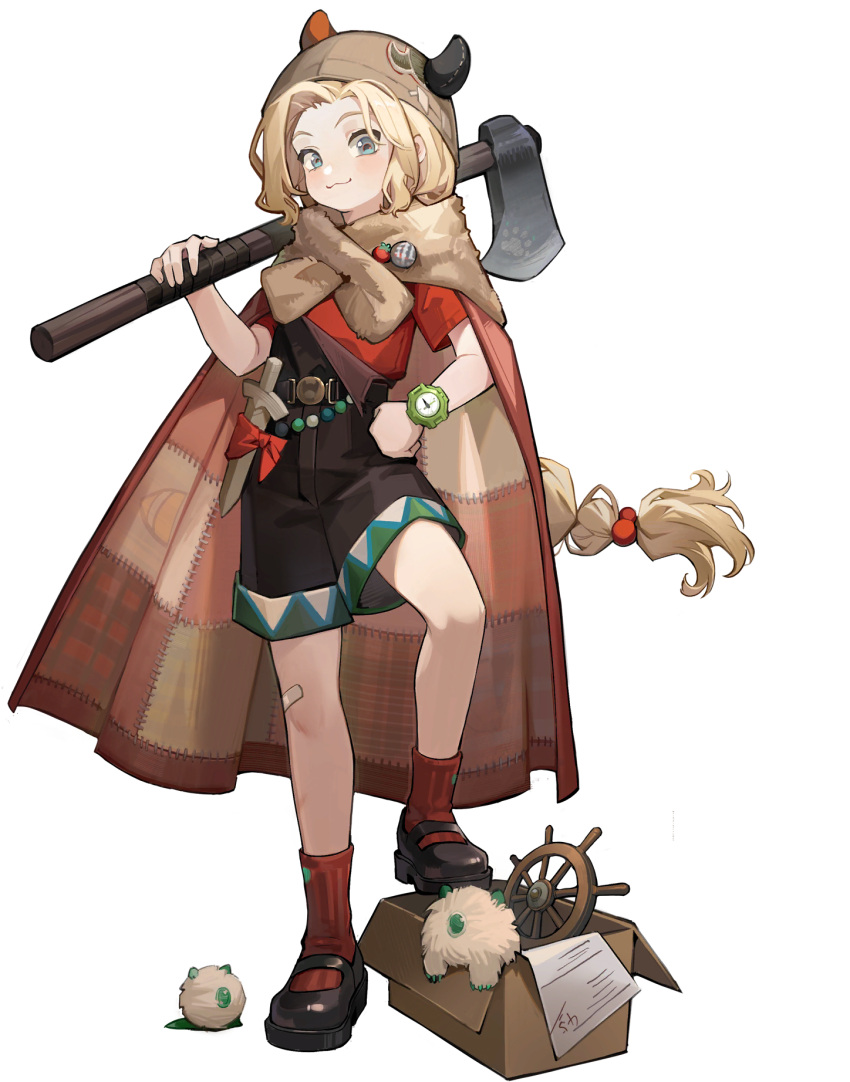 1girl, :3, axe, black_shirt, black_shorts, blonde_hair, blue_eyes, box, braid, braided_ponytail, cape, cardboard_box, closed_mouth, erick_(reverse:1999), fake_horns, helmet, highres, holding, holding_axe, horned_helmet, horns, long_hair, looking_at_viewer, official_art, red_cape, red_shirt, red_socks, reverse:1999, shirt, short_sleeves, shorts, smile, socks, solo, standing, steering_wheel, tachi-e, third-party_source, transparent_background, very_long_hair