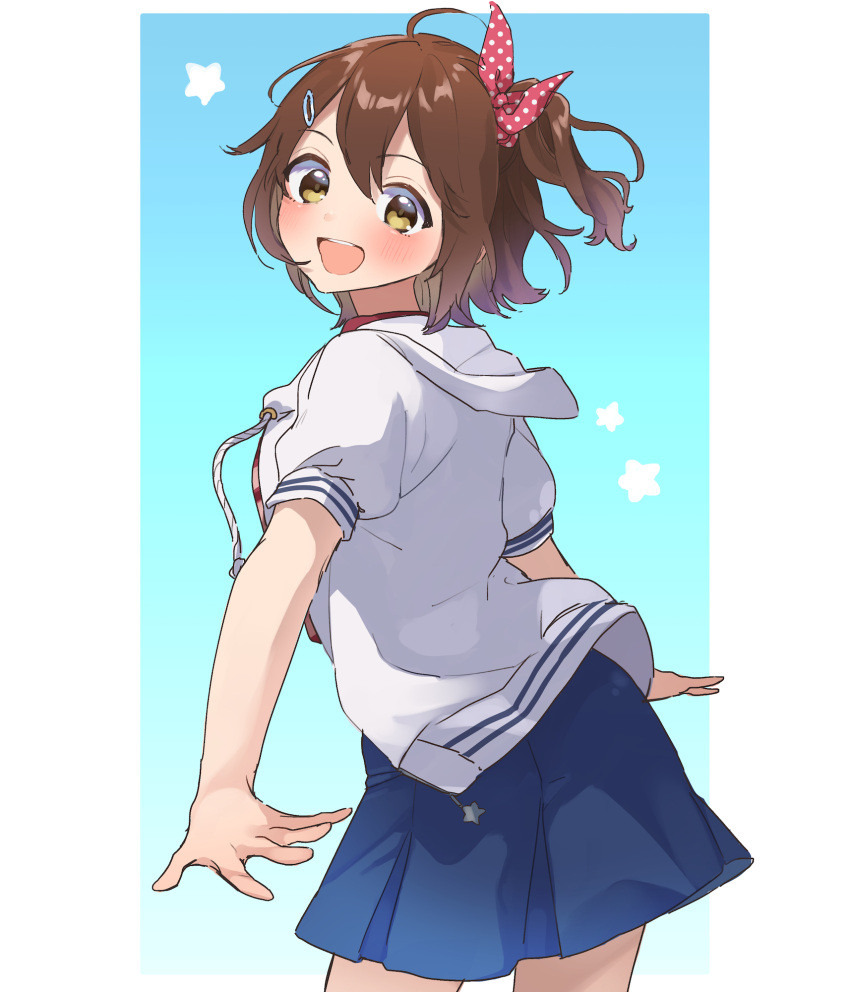 1girl, blue_background, blue_skirt, blush, brown_hair, commentary_request, drawstring, hair_between_eyes