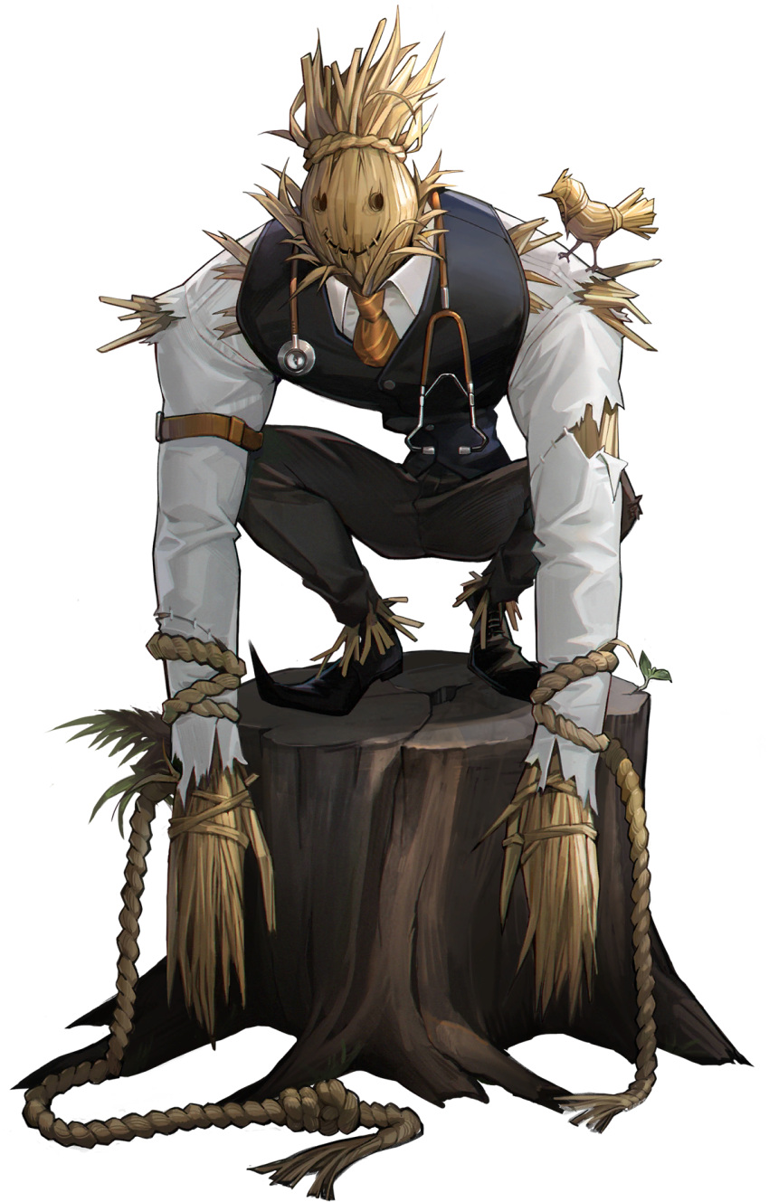 1boy, black_footwear, black_pants, black_vest, closed_mouth, collared_shirt, highres, leaf