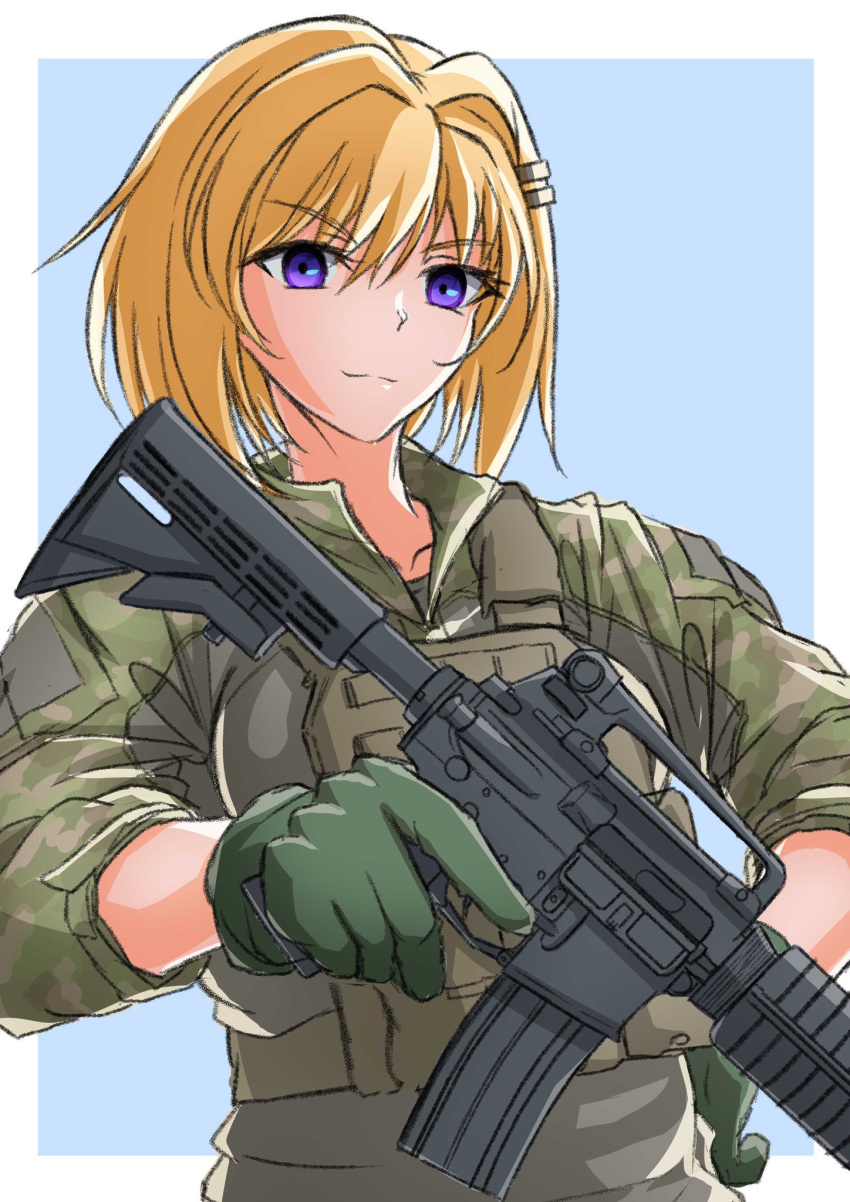 blonde_hair, body_armor, camouflage, ellen_aice, gloves, gun, hair_ornament, highres