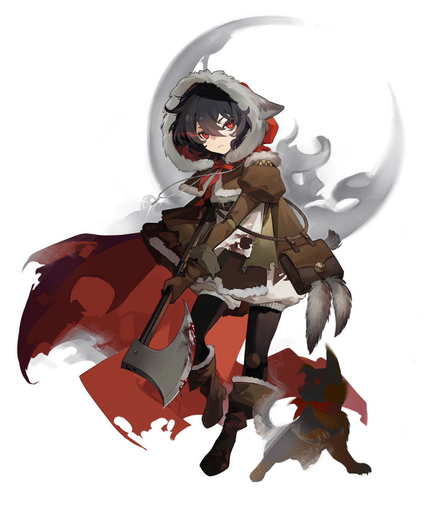 1girl, axe, black_hair, black_pantyhose, blood, blood_on_weapon, boots, brown_coat, bullet, cape, closed_mouth, coat, crescent, dog, full_body, glowing, glowing_eye, highres, holding, holding_axe, hood, hood_up, hooded_cape, jewelry, juliet_sleeves, knee_pads, long_sleeves, looking_at_viewer, mondlicht_(reverse:1999), neck_ribbon, necklace, official_art, pantyhose, puffy_sleeves, red_cape, red_eyes, red_ribbon, reverse:1999, ribbon, shirt, short_hair, smoke, solo, standing, tachi-e, third-party_source, transparent_background, weapon, white_shirt