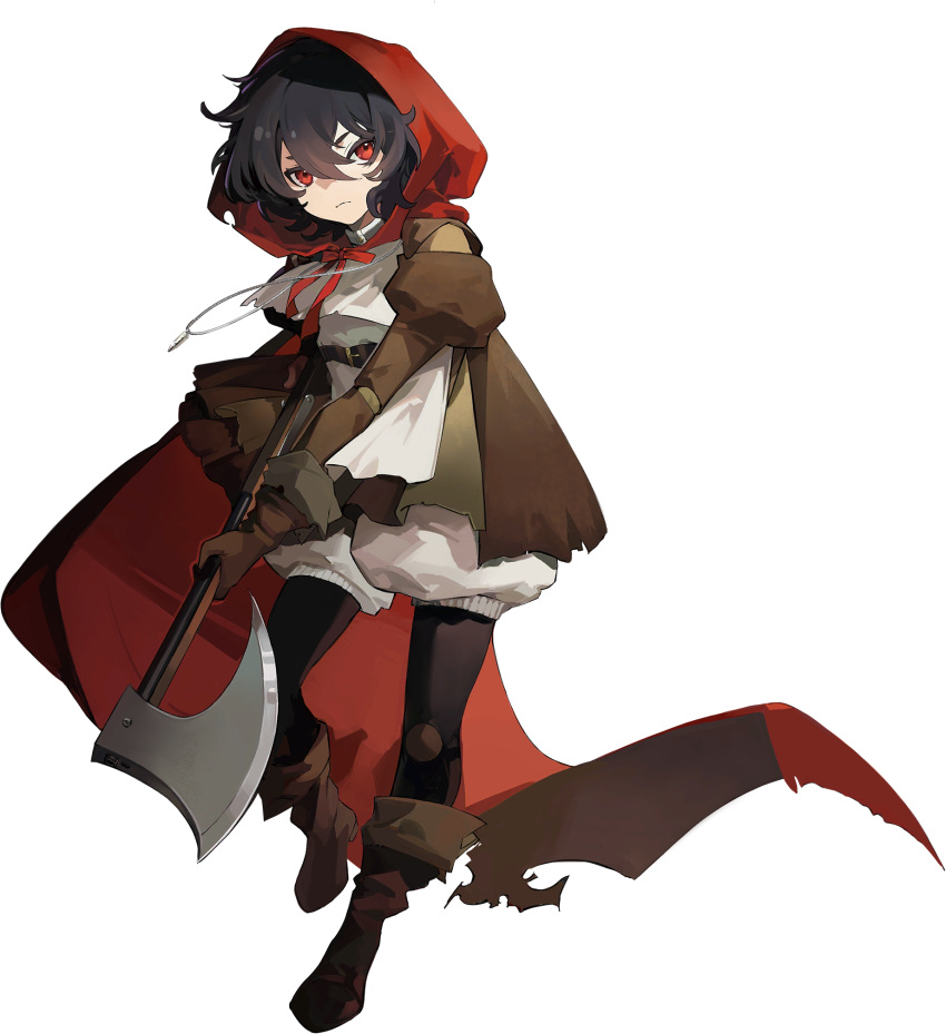 1girl, axe, black_hair, black_pantyhose, boots, brown_coat, bullet, cape