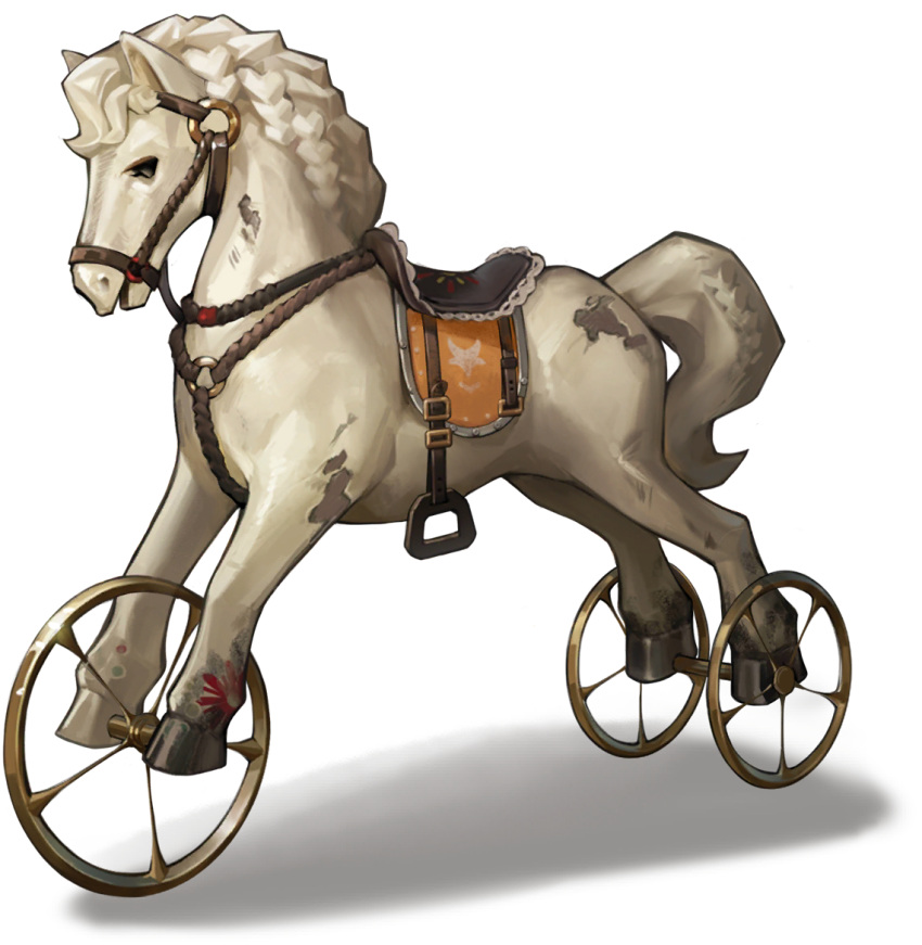 darley_clatter, hooves, horse, no_humans, o-ring, official_art, open_mouth, reverse:1999, rope, saddle, third-party_source, toy_horse, transparent_background, wheel