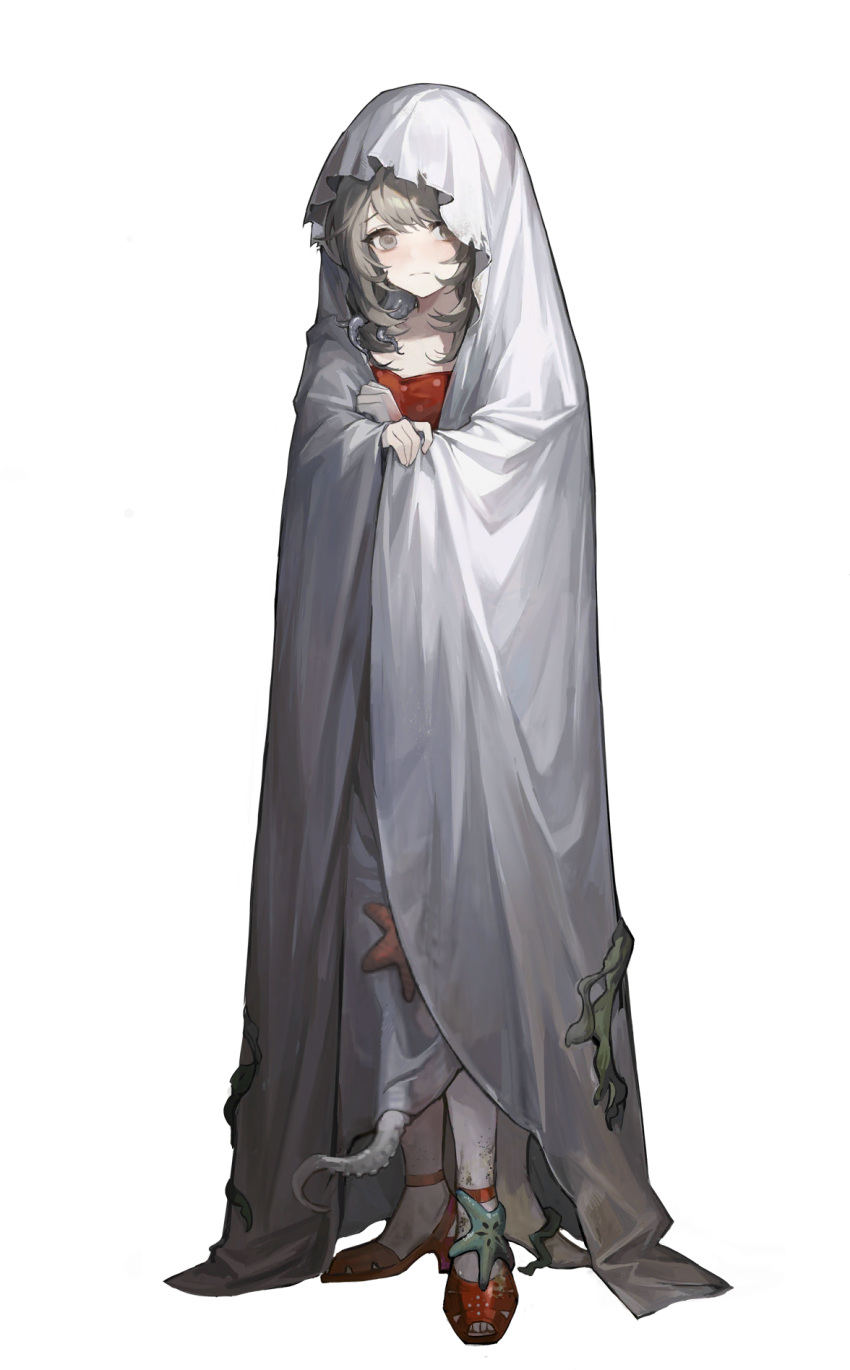 1girl, blush, brown_eyes, brown_hair, closed_mouth, embarrassed, full_body, ghost_costume
