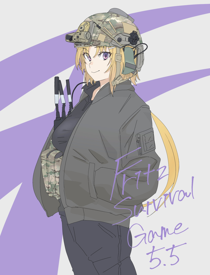 absurdres, blonde_hair, camouflage, earmuffs, ellen_aice, hair_ornament, hands_in_pockets, helmet