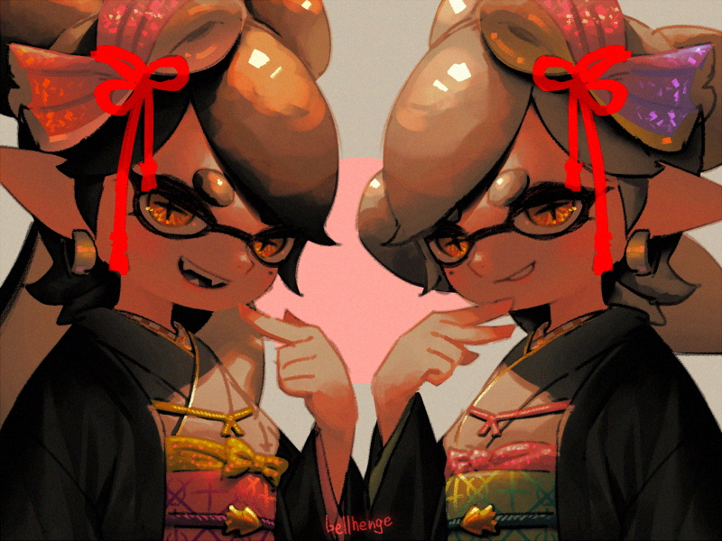 2girls, anniversary, artist_name, bellhenge, black_hair, black_jacket, callie_(splatoon), cephalopod_eyes