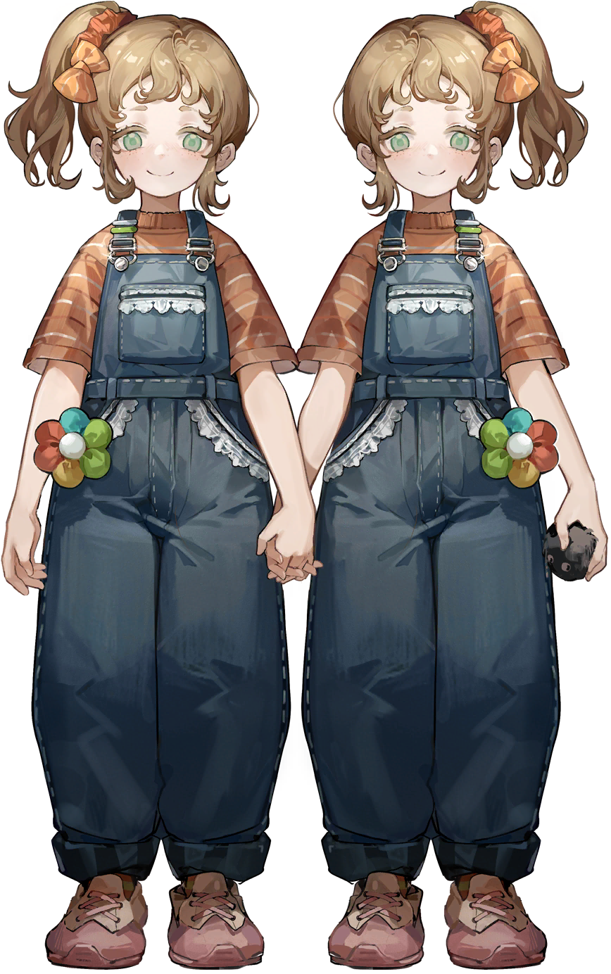 2girls, blue_pants, brown_hair, closed_mouth, full_body, grady_sisters_(the_shining), highres, holding_hands, lace, long_hair, looking_at_viewer, multicolored_flower, multiple_girls, official_art, orange_shirt, overalls, pants, pink_footwear, pocket, reverse:1999, shirt, shoes, short_sleeves, siblings, side_ponytail, sidelocks, sisters, smile, standing, tachi-e, the_shining, third-party_source, transparent_background, twins, twins_sleep