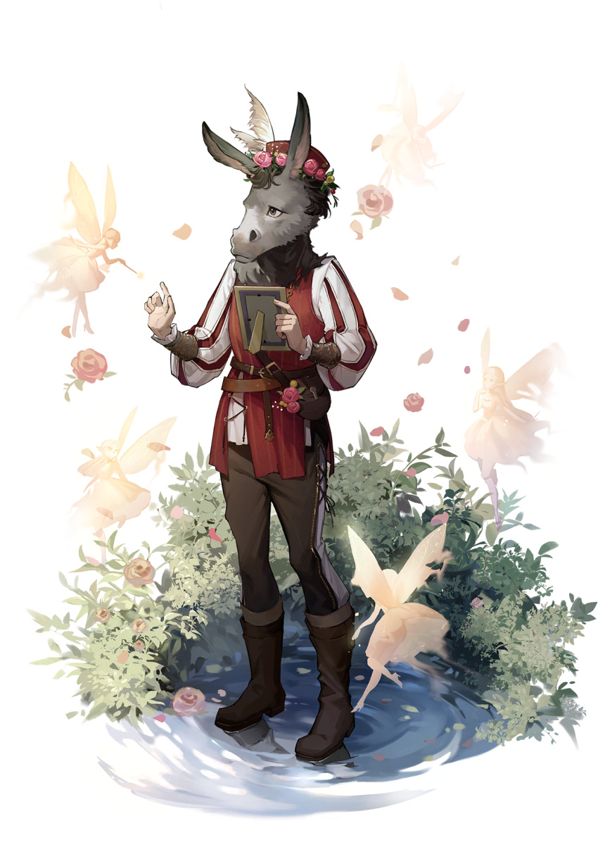 1boy, animal_head, black_pants, boots, brown_footwear, brown_hair, bush, donkey, fairy, falling_petals, flower, full_body, hat, head_wreath, highres, holding_picture, jacket, lake, long_sleeves, nick_bottom_(reverse:1999), official_art, pants, petals, pink_flower, red_headwear, red_jacket, reverse:1999, shirt, sleeveless, sleeveless_jacket, solo_focus, standing, striped_sleeves, tachi-e, third-party_source, transparent_background, water, white_shirt