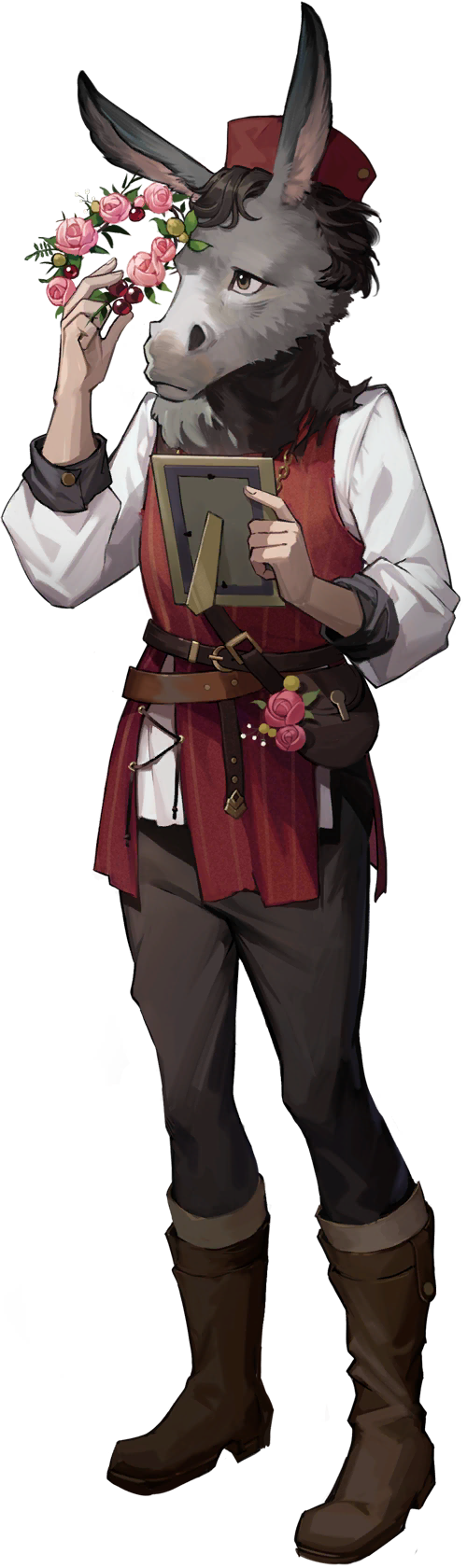 1boy, animal_head, black_pants, boots, brown_footwear, brown_hair, donkey, flower, full_body, hat, head_wreath, highres, holding_picture, holding_wreath, jacket, long_sleeves, nick_bottom_(reverse:1999), official_art, pants, pink_flower, red_headwear, red_jacket, reverse:1999, shirt, sleeveless, sleeveless_jacket, solo, standing, tachi-e, third-party_source, transparent_background, white_shirt