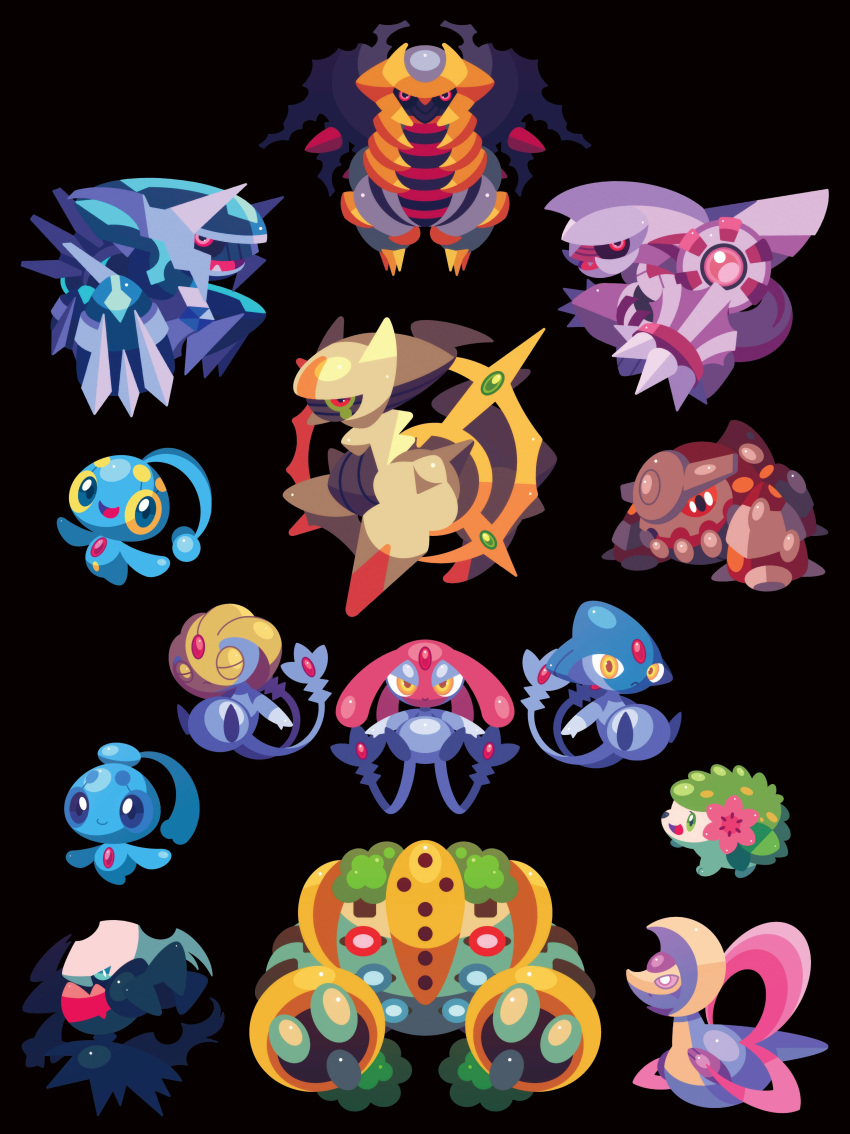 6+others, absurdres, arceus, azelf, black_background, black_sclera, blue_eyes, blue_sclera
