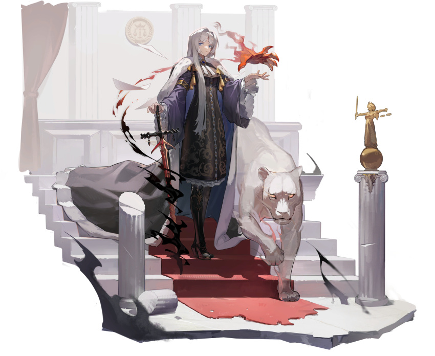1girl, balance_scale, black_cape, black_dress, blue_eyes, blue_sleeves, cape, closed_mouth