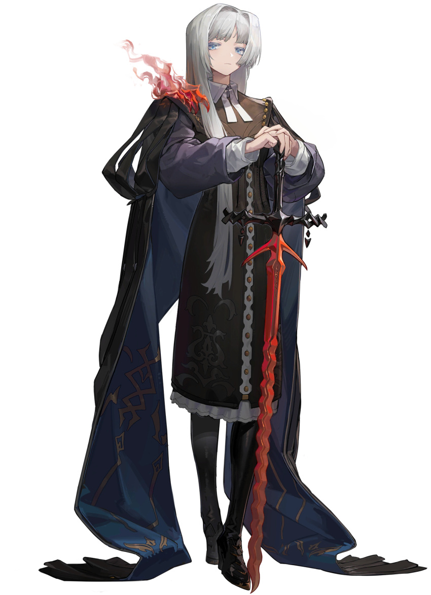 1girl, black_cape, black_dress, black_footwear, blue_eyes, blue_shirt, boots, cape