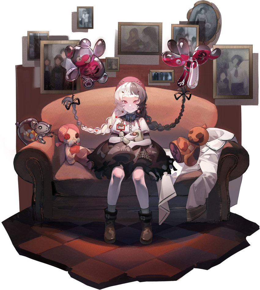 1girl, balloon_animal, balloon_party, black_dress, black_hair, black_ribbon, black_shorts, boots