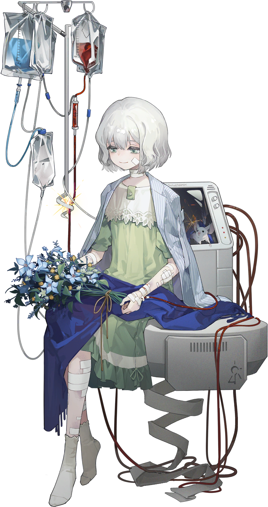 1girl, bandaged_hand, bandages, bandaid, bandaid_on_face, blue_coat, book, bouquet