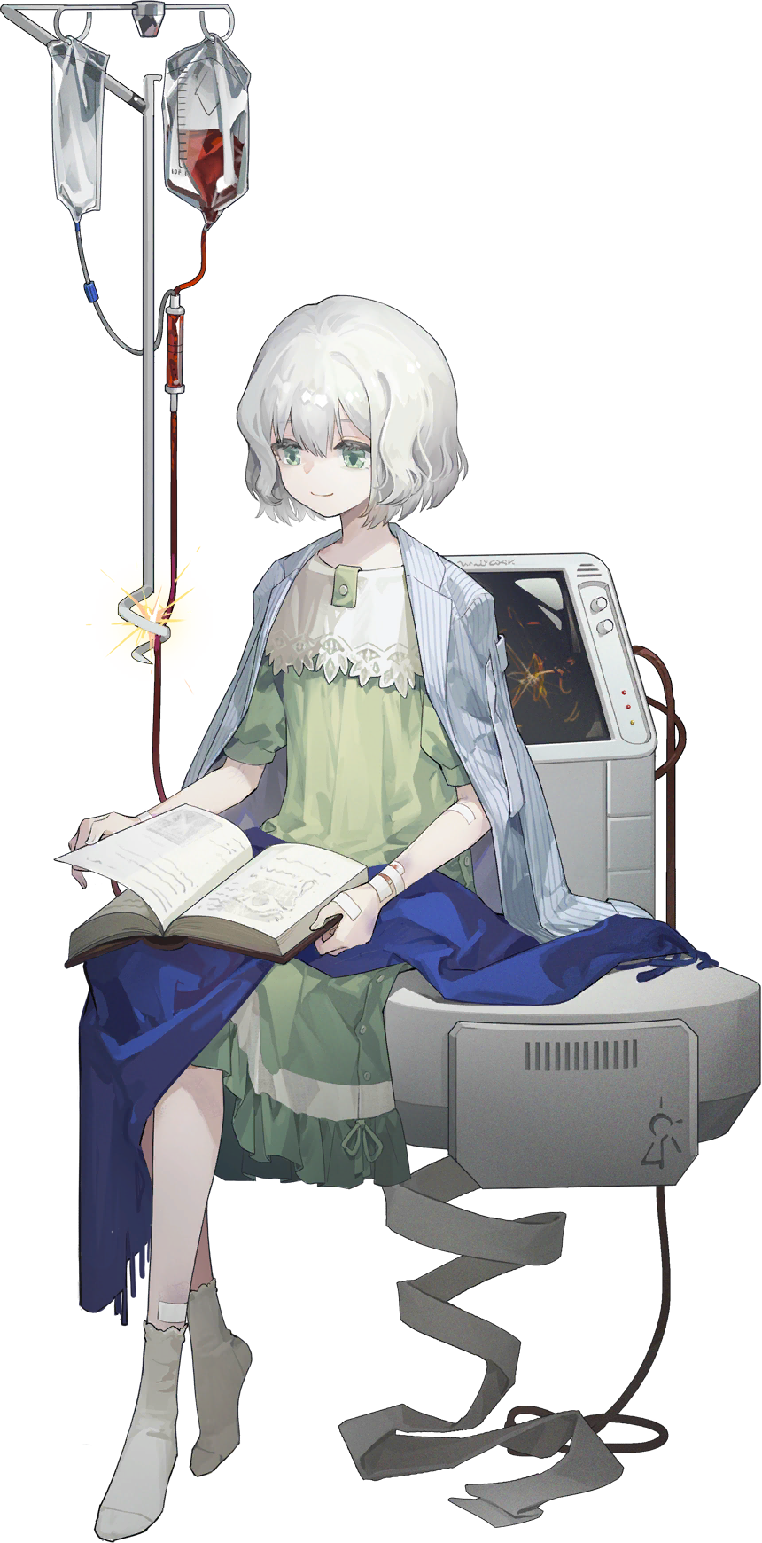 1girl, bandaged_hand, bandages, bandaid, blue_coat, book, closed_mouth, coat
