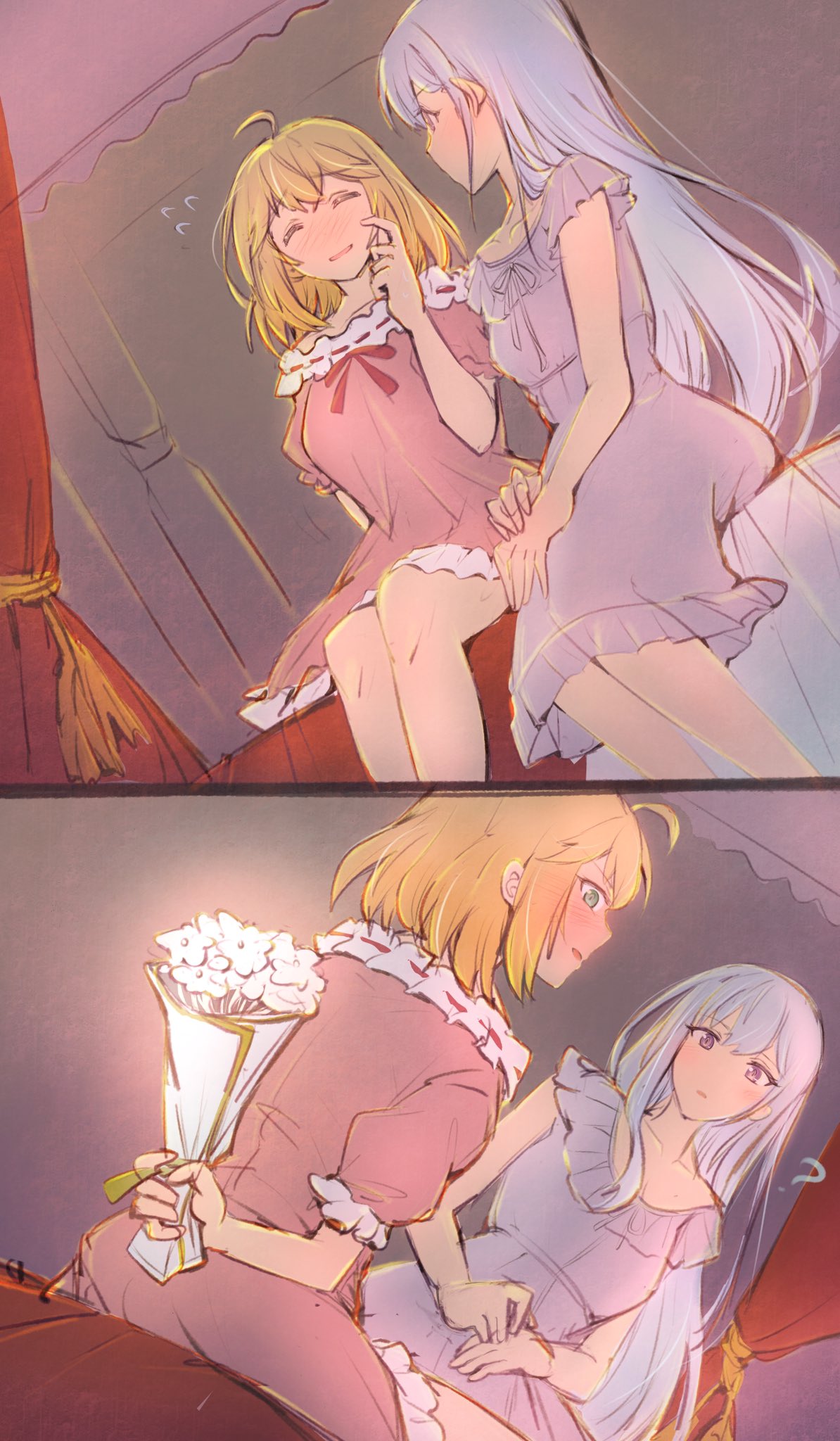 2girls, ahoge, anisphia_wynn_palettia, bed, blonde_hair, blush, bouquet, euphyllia_magenta