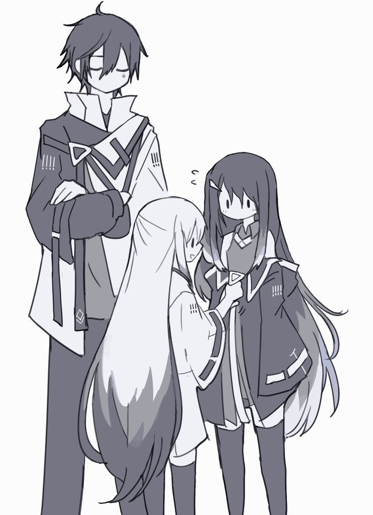 1boy, 2girls, 50zushi, adjusting_another's_clothes, allial_(coefont), averuni_(coefont), closed_eyes, coat