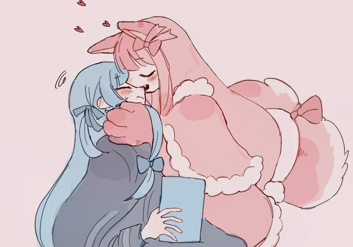 2girls, 50zushi, alternate_costume, animal_hands, bite_mark, bite_mark_on_ear, biting, black_robe, blue_hair, blush, book, bow, capelet, closed_eyes, commentary, face-to-face, fang, frown, fur-trimmed_capelet, fur_trim, hair_bow, hand_on_another's_cheek, hand_on_another's_face, heart, holding, holding_book, incest, kemonomimi_mode, kotonoha_akane, kotonoha_aoi, long_hair, low_tied_sidelocks, multiple_girls, nose_biting, one_side_up, open_mouth, pink_background, pink_bow, pink_capelet, pink_hair, robe, siblings, sidelocks, simple_background, sisters, smile, squiggle, symbol-only_commentary, tail, upper_body, voiceroid, wavy_mouth, yuri