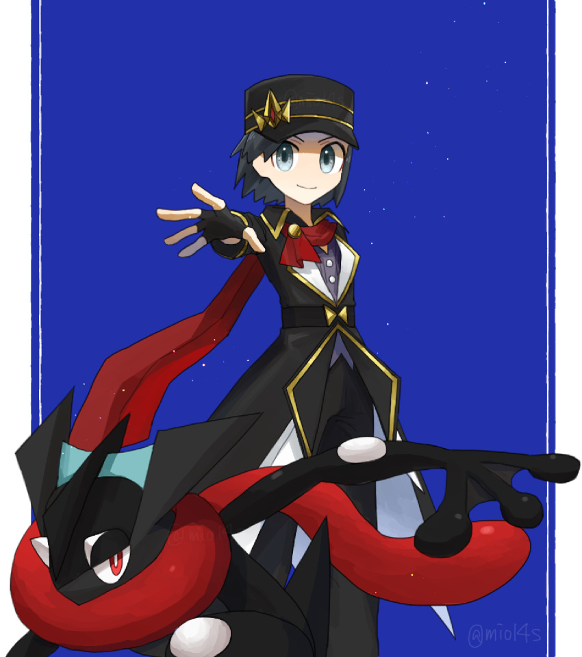 1boy, alternate_color, black_hair, black_headwear, black_jacket, blue_background, calem_(champion)_(pokemon), calem_(pokemon)