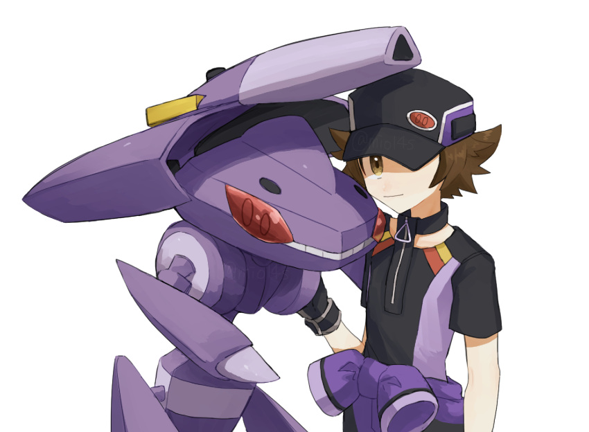 1boy, black_headwear, brown_eyes, brown_hair, cannon, claws, colored_sclera, commentary_request, genesect, highres, hilbert_(pokemon), hilbert_(sygna_suit)_(pokemon), male_focus, mio14s, official_alternate_costume, pokemon, pokemon_(creature), pokemon_(game), pokemon_masters_ex, red_sclera, simple_background, upper_body, white_background, zipper_pull_tab