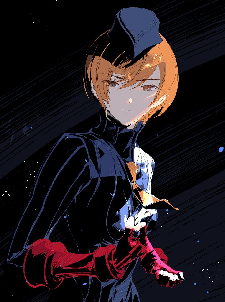 1girl, blue_leotard, cofffee, fingerless_gloves, gloves, juni_(street_fighter), leotard, looking_at_viewer, necktie, orange_eyes, orange_hair, red_gloves, ribbed_leotard, shadaloo_dolls, short_hair, simple_background, solo, street_fighter, street_fighter_zero_(series), yellow_necktie