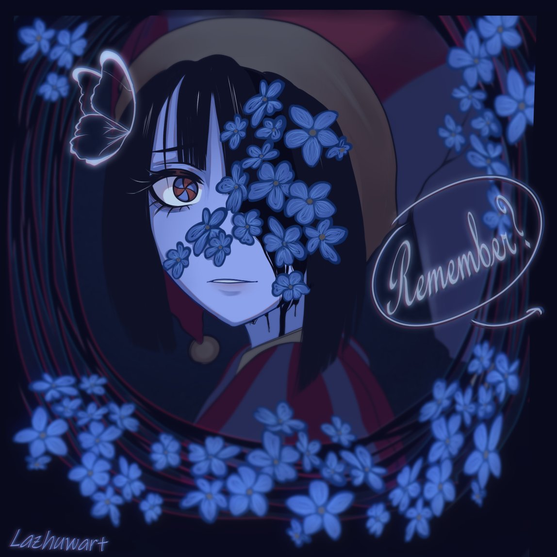 1girl, black_hair, blue_flower, blue_headwear, butterfly_wings, corruption, desperation, don't