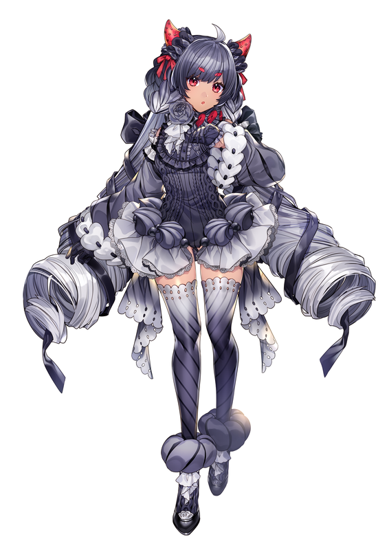 1girl, :o, alcremie, diagonal-striped_legwear, diagonal_stripes, drill_hair, full_body, gloves, gradient_hair, gradient_legwear, horns, katagiri_hachigou, long_hair, long_sleeves, mismatched_eyebrows, multicolored_hair, open_mouth, personification, pokemon, purple_gloves, purple_hair, purple_thighhighs, red_horns, red_ribbon, ribbon, shiny_pokemon, simple_background, solo, striped, striped_thighhighs, thigh-highs, two-tone_hair, two-tone_legwear, very_long_hair, white_background, white_hair, white_thighhighs