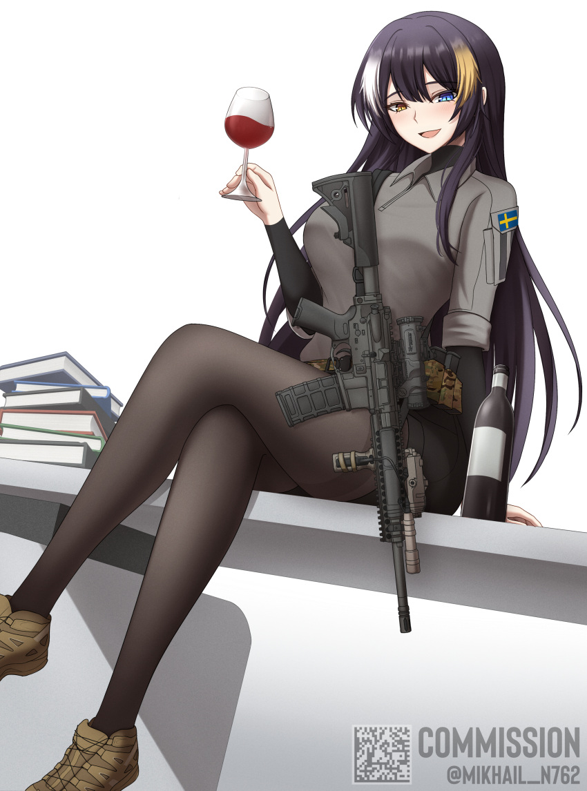 absurdres, alina_svard_kovalenko_(laotianaviator), blue_eyes, breasts, crossed_legs, desk, drunk, gun