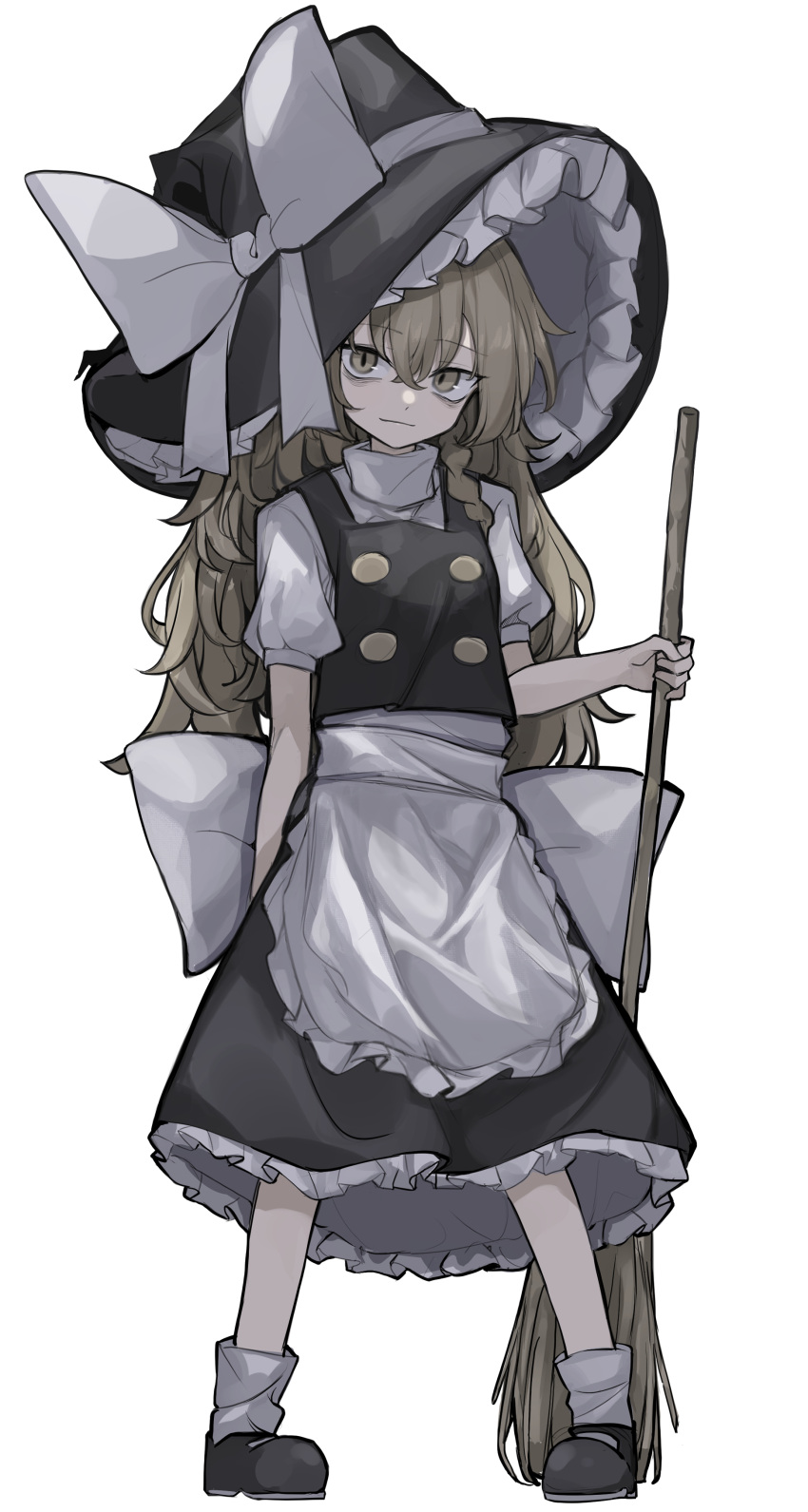 1girl, absurdres, apron, back_bow, black_headwear, black_skirt, black_vest, blonde_hair