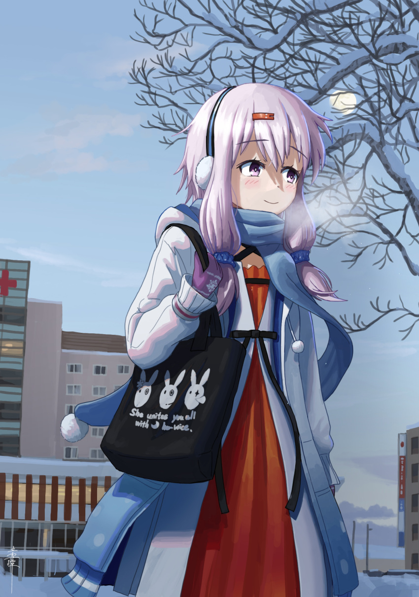 1girl, bag, bare_tree, blue_hoodie, blue_scarf, blue_sky, blush, bracelet