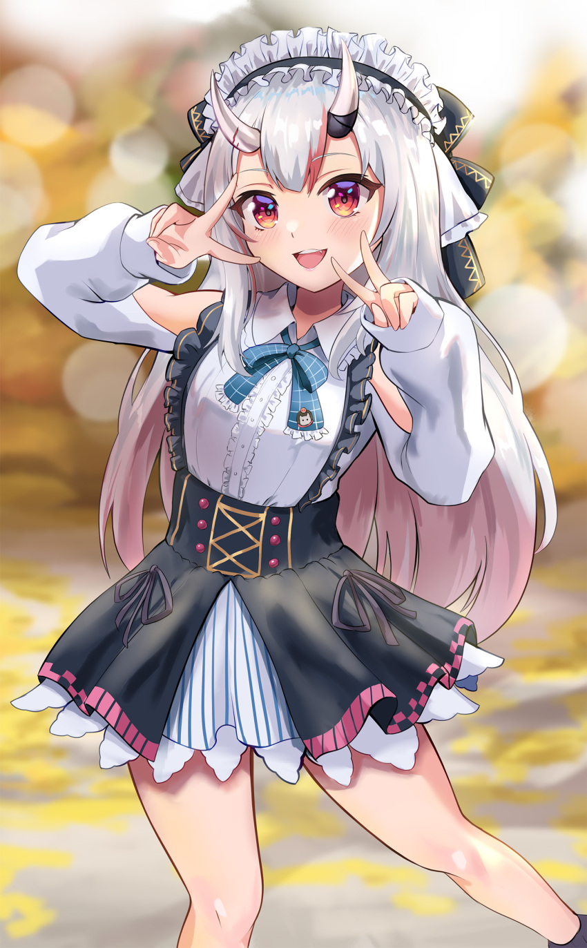1girl, black_dress, blue_bow, blush, bow, center_frills, collared_shirt, colored_inner_hair, double_v, dress, frilled_shirt, frills, grey_hair, highres, hololive, horns, isazawa, long_hair, looking_at_viewer, multicolored_hair, nakiri_ayame, nakiri_ayame_(3rd_costume), official_alternate_costume, oni, oni_horns, red_eyes, redhead, shirt, smile, solo, streaked_hair, teeth, upper_teeth_only, v, virtual_youtuber, white_shirt