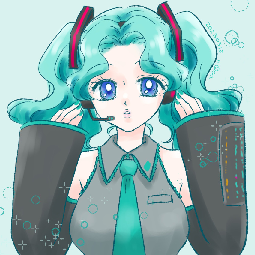 1girl, alternate_breast_size, alternate_hairstyle, aqua_hair, aqua_nails, aqua_necktie, bishoujo_senshi_sailor_moon, blue_eyes, breasts, color_connection, commentary_request, cosplay, dated, detached_sleeves, hair_color_connection, hatsune_miku, hatsune_miku_(cosplay), headset, hemuhemu_moca, highres, kaiou_michiru, large_breasts, necktie, signature, sleeves_past_wrists, solo, sparkle, twintails, upper_body, vocaloid, wavy_hair, wide_sleeves
