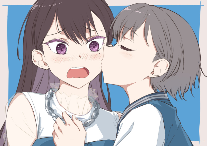 2girls, absurdres, bang_dream!, bang_dream!_it's_mygo!!!!!, blush, brown_hair, chain, chain_necklace
